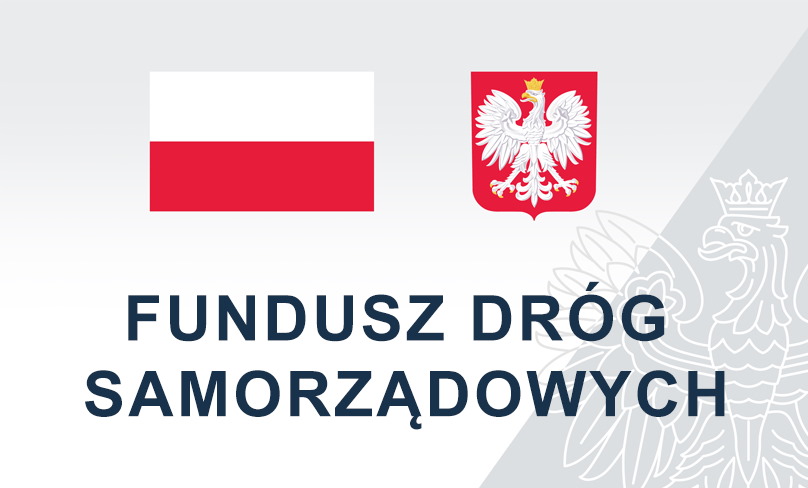Flaga Polski oraz Herb Polski na szarym tle z napisem Fundusz Dróg Samorządowych