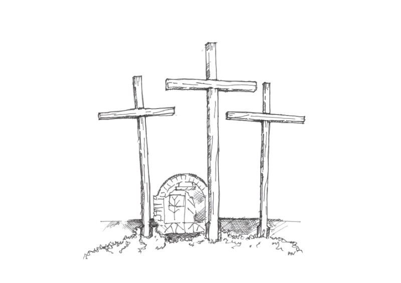 Grafika przedstawiająca wejsćie do cmentarza w miejscowości Sochy - trzy krzyże oraz brama cmentarna